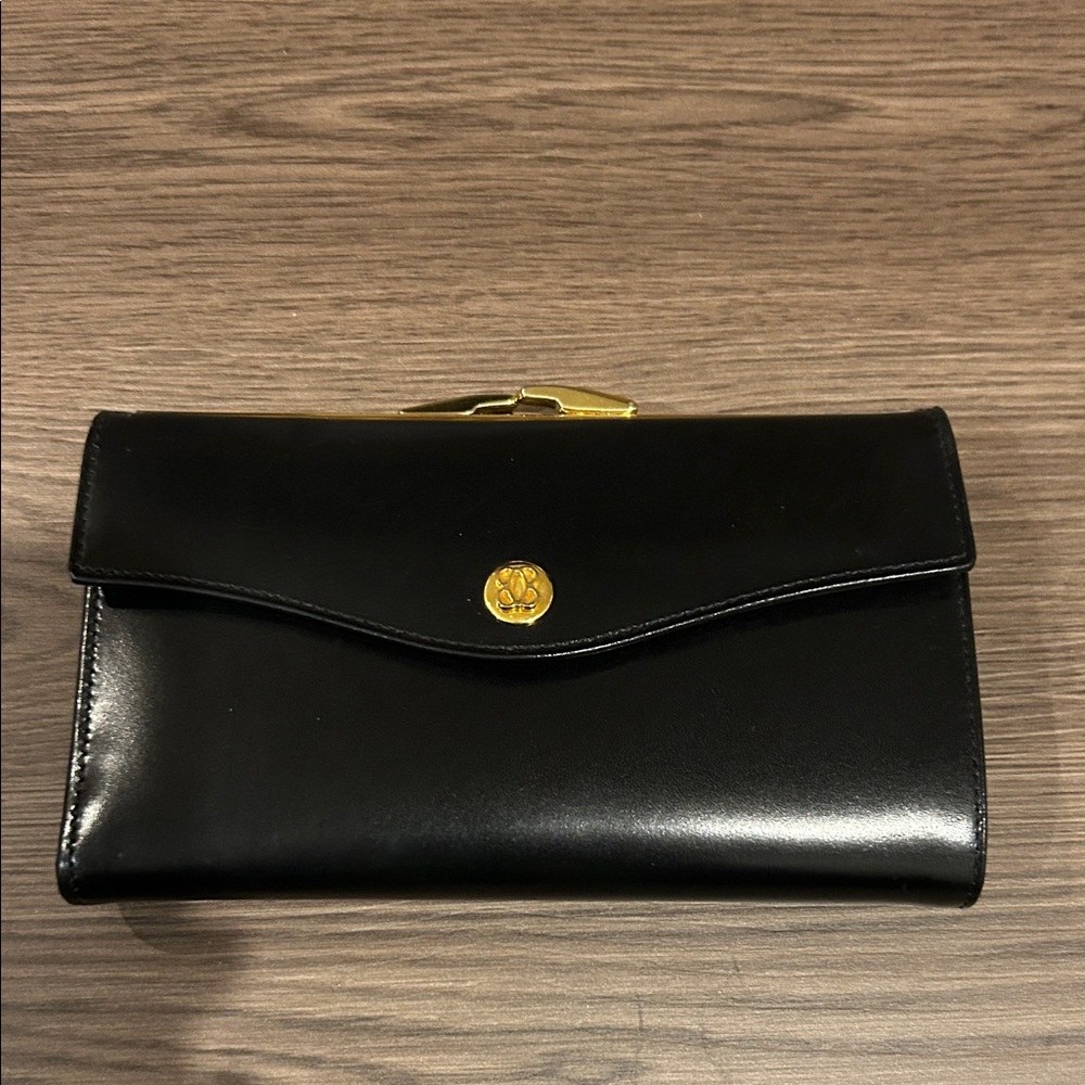 Bosca Black Leather Wallet with Gold Accents